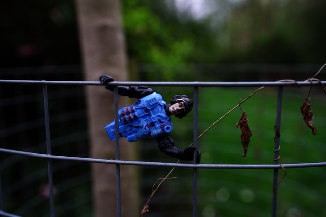 A toy figurine attached to a fence, marked as Unnamed by Apple because the face has no associated name.